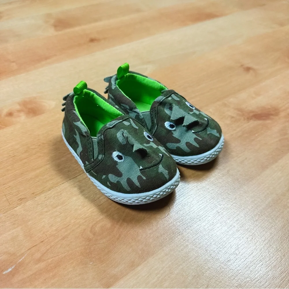 Wonder Nation Green Brown Camouflage Dinosaur Slip-on Sneakers Baby Boy Size 4